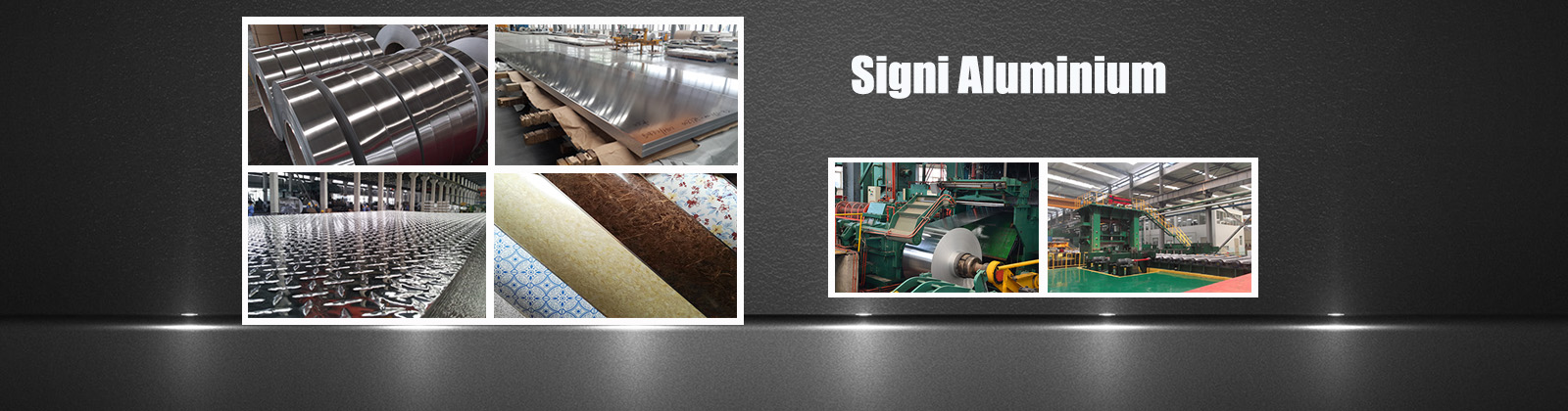 Signi Aluminium banner collage of coils, plate, tread plate and color coated rolls