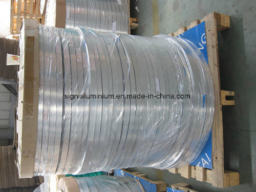 Narrow aluminium strip coils packed upright on a wooden pallet